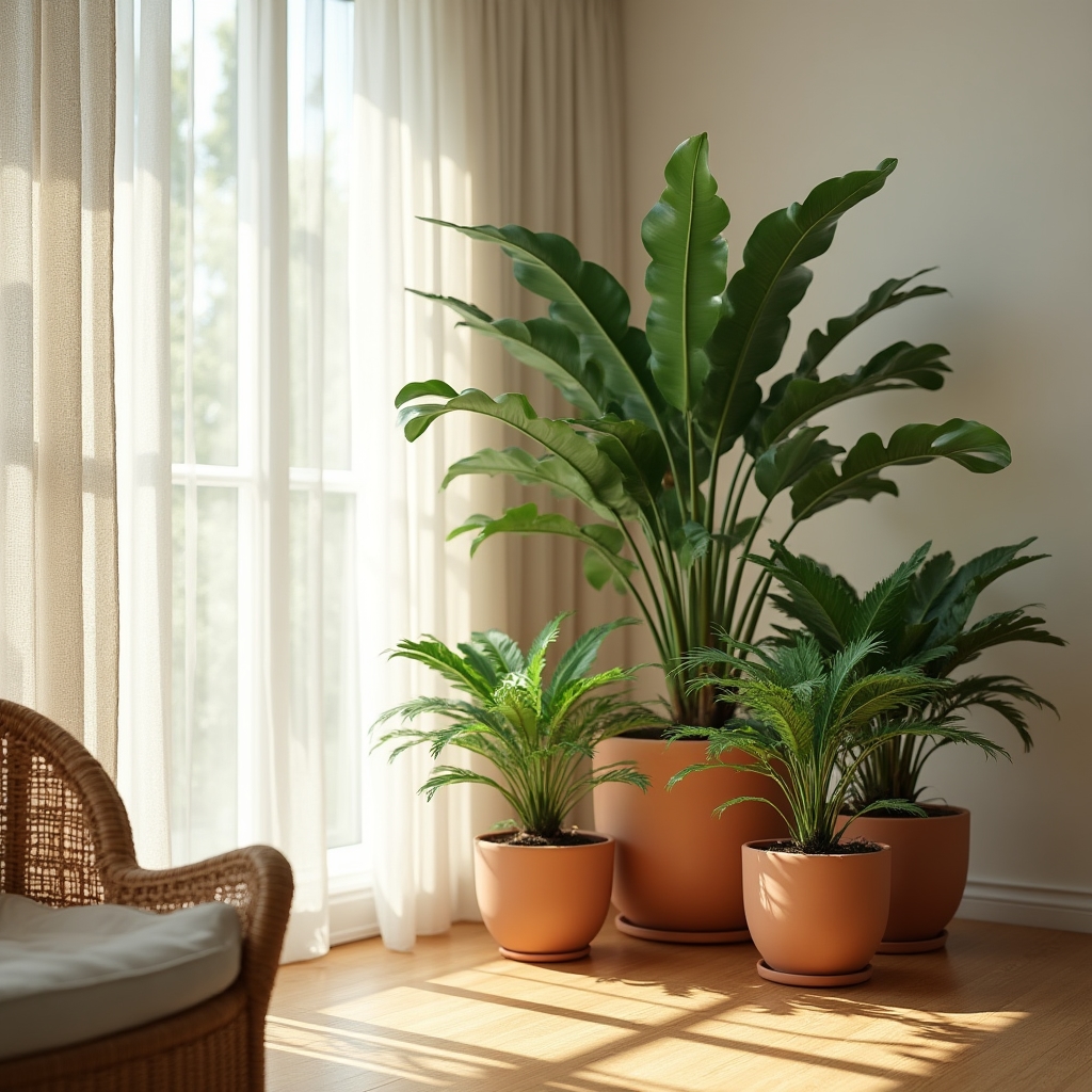 Composizione di piante da interno con luce naturale filtrata da una tenda
