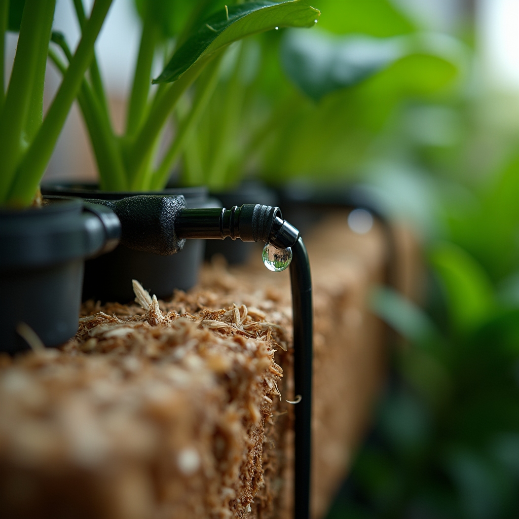 Dettaglio del sistema di irrigazione a goccia integrato nella struttura di un giardino verticale
