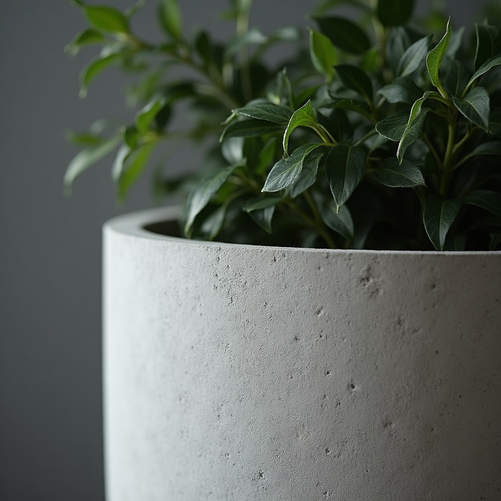 Texture grezza e naturale di un vaso in fibrocemento per composizioni vegetali di grande formato